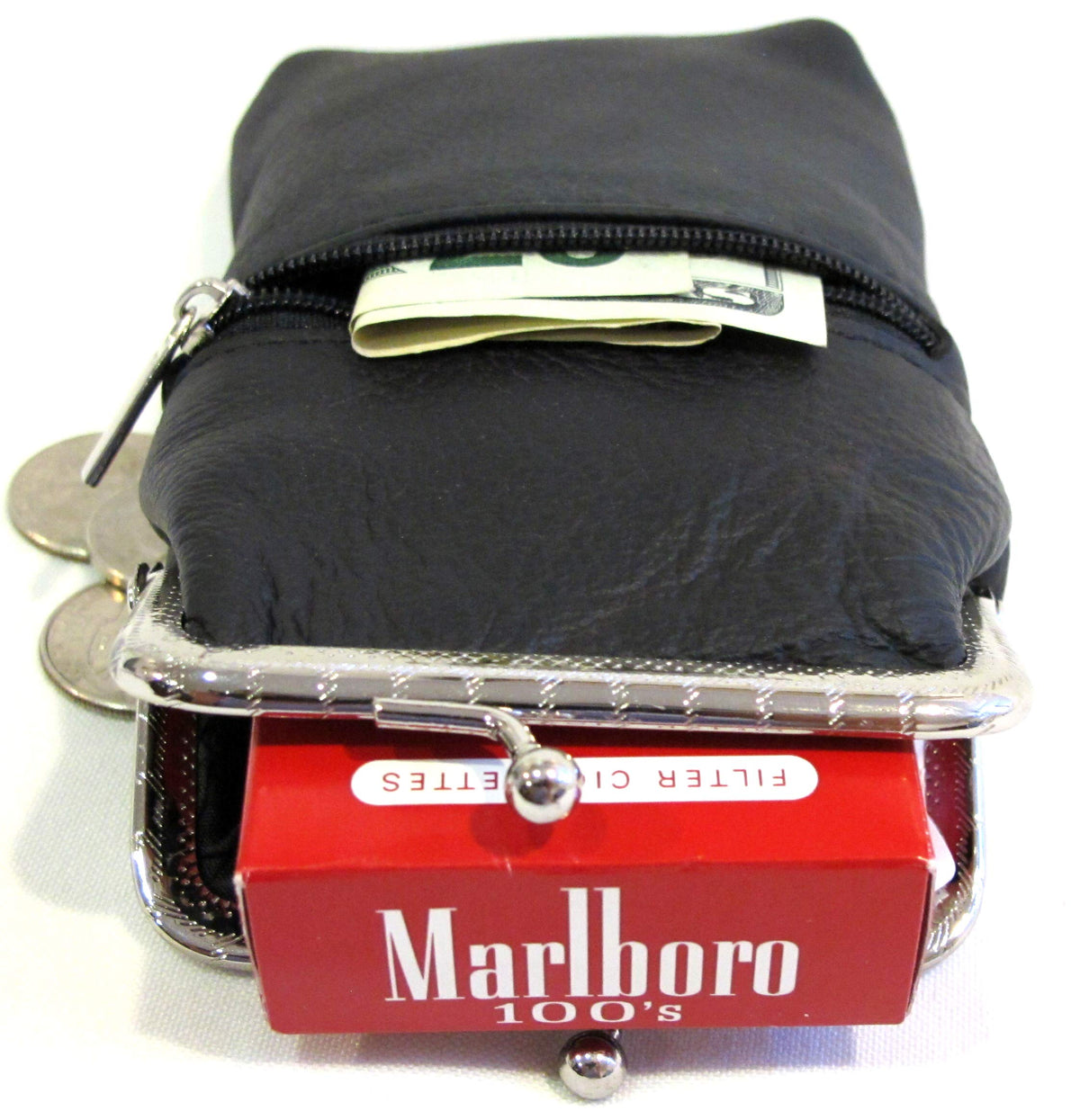 Women 100% Pure Leather Cigarette Case Lighter Match Pocket Zipper Coin Pouch -4 Color (Black)