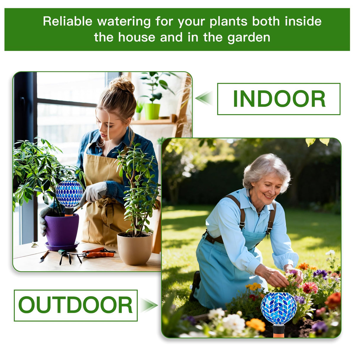 VOREEN Blue Mosaic Self Watering Globes 2 Pack, 500ml Handmade Glass Terracotta Plant Spikes, Automatic Self Watering Devices for Indoor Outdoor Pots, Decorative Water Saver Gift for Garden Lovers