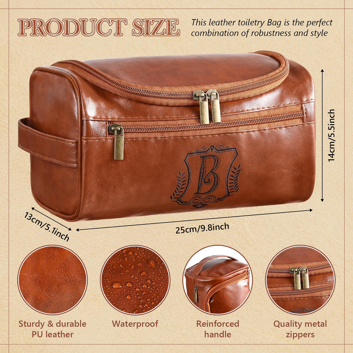 Sadnyy Father's Day Personalized Leather Toiletry Bag for Men Initial Travel Bag with Hook Monogrammed Toiletry Pouch Leather Travel Bathroom Kit with Side Handle for Anniversary Birthday Gifts(B)
