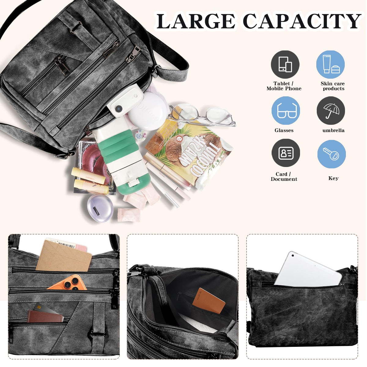 ELDA Crossbody Purse for Women Shoulder Bag Multi-Pockets Black Handbag Messenger Bag Trendy Travel Pocketbooks