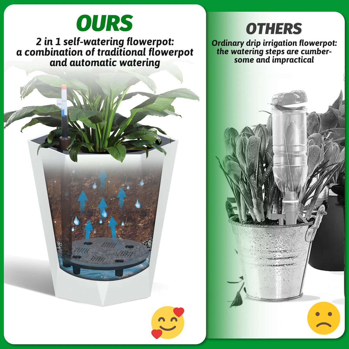 GarveeLife 16 Inch Tall Planters Set of 2, Outdoor Planters Self Watering Plant Pots with Water Level Monitor, Multiple Drainage Holes, Flower Pots for Patio, Porch, Living Room, or Home Office, White