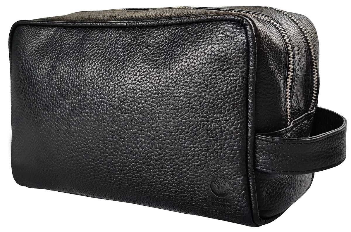 RUSTIC TOWN Full Grain Leather Travel Toiletry Bag - Cosmetic Makeup Kit Organizer (Medium, Black)