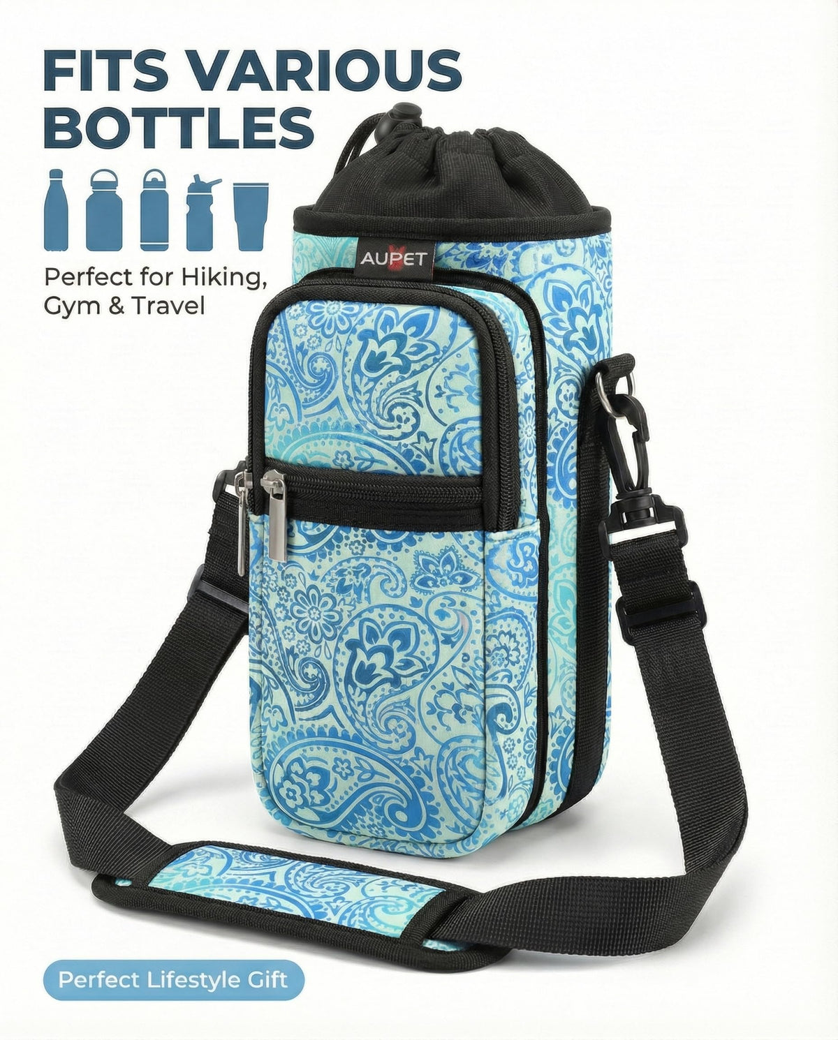 AUPET Water Bottle Sling Bag Sleeve Holder Carrier 25/32/40/64 oz,Insulated Crossbody Water Bottle Case Cover with Strap and Pockets for Men/Women Walking Hiking Camping (25oz, blue feather)