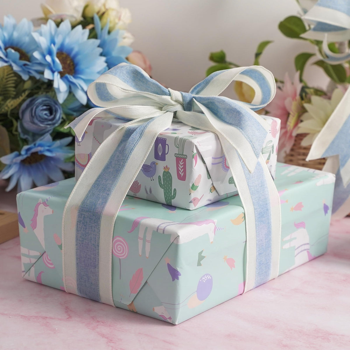 MEEDEE Blue and White Stripe Ribbon Wired 2.5 Inch Light Blue Burlap Ribbons with Ivory Stripe Edge Wreath Supplies, Baby Shower Decorations, Crafts Bow Making (10 Yards)