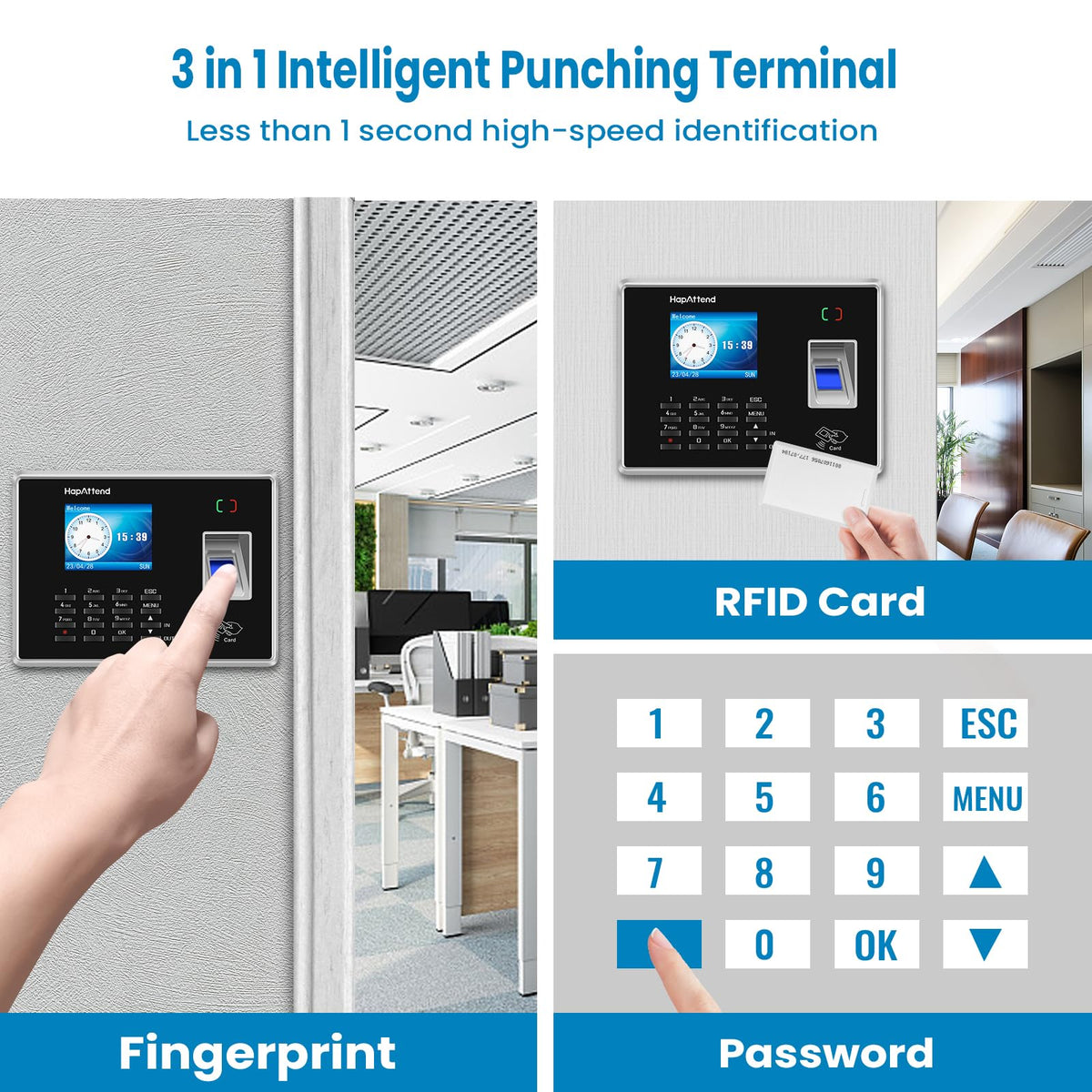 HapAttend Time Clocks for Employees Small Business Automatic Calculate Hours, H1＆H2 No Monthly Fees Fingerprint Time Clock, Standalone Biometric Clock in Machine for Employees with 5 RFID Cards