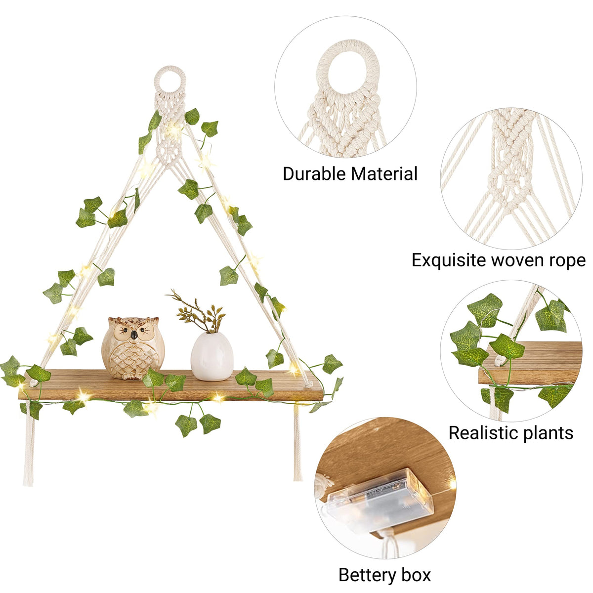Mkono sSet of 4, 2 Packs Artificial Ivy Macrame Hanging Shelves with Lights, and 2 Packs Fake Hanging Plant with Pot