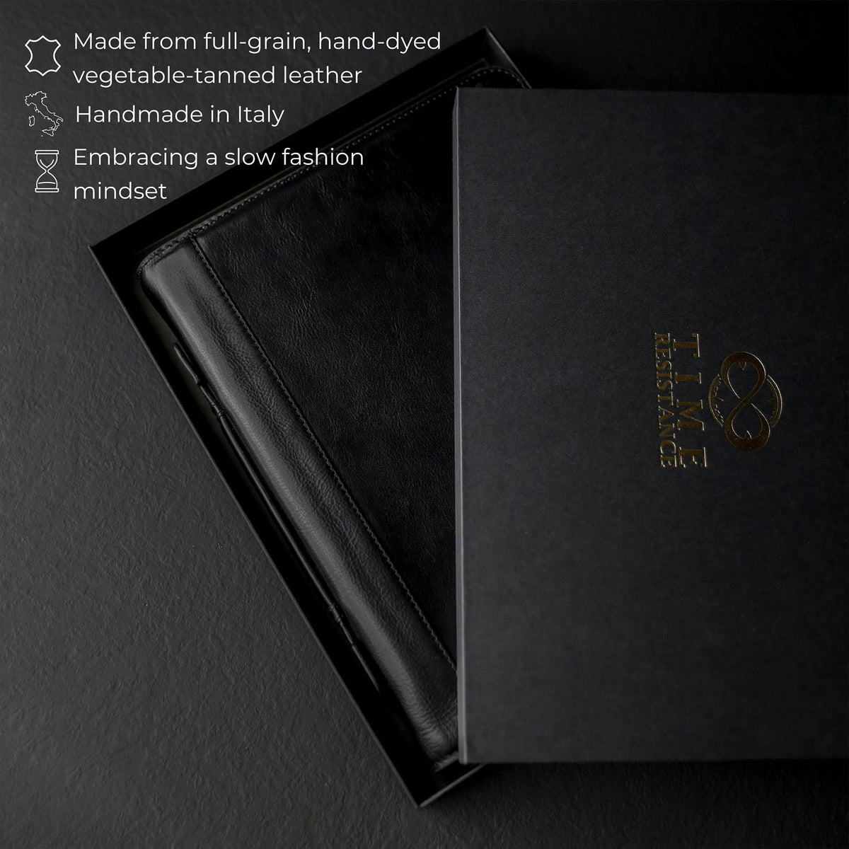 Time Resistance Leather Portfolio – Document Bag with Carry Handle – Tablet Size Case Made in Italy (Black)