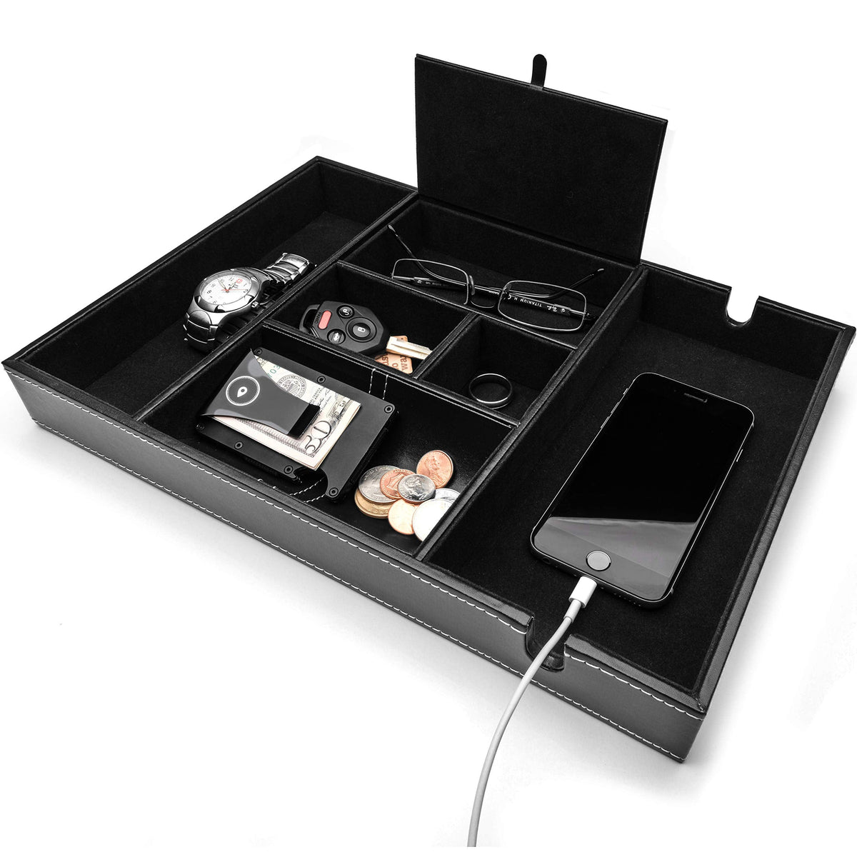 ULTRAY, Valet Tray for Men, Nightstand Organizer, Entry Table Organizer, Catch All, Black Faux Leather Box, 6 Compartments