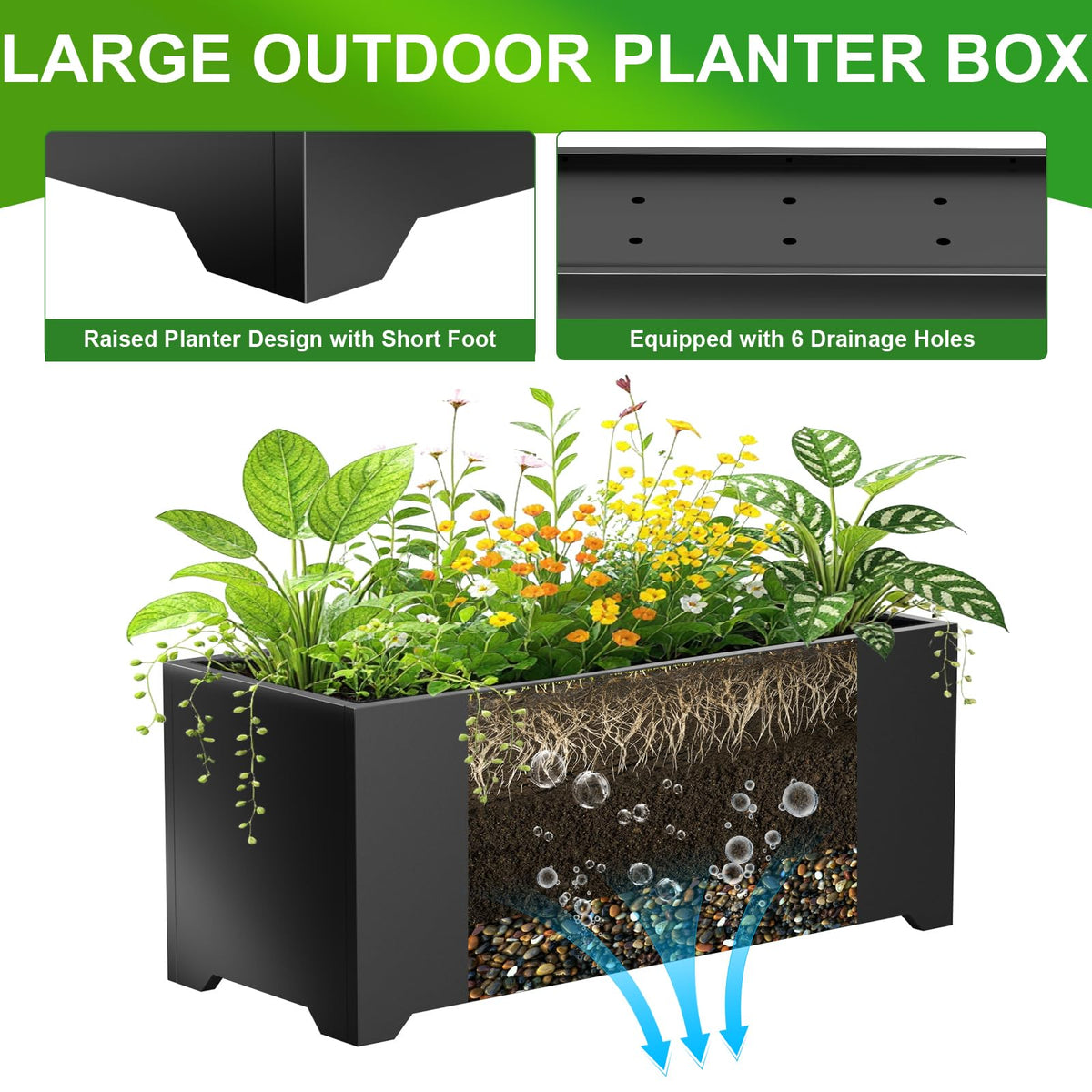 Gabviem Metal Planter Box 36" L x 15" W x 15" H, Rectangular Trough Planter Box with 6 Drainage Holes & Raised Bottom, All-Weather Garden Planter Box for Outdoor Patio/Porch, Lawn, Black