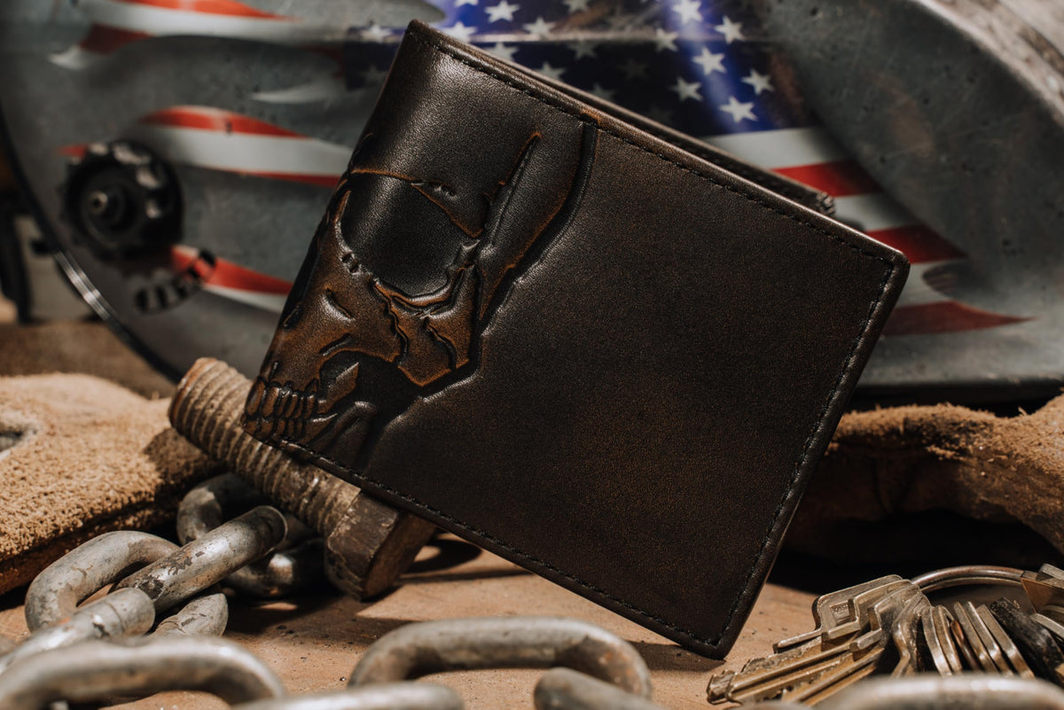 House of Jack Co. Skull Double ID Bifold Wallet for Men, Full Grain Leather Bifold Wallet, 2 ID Windows, 10 Card Slots, Skull Wallet, Black