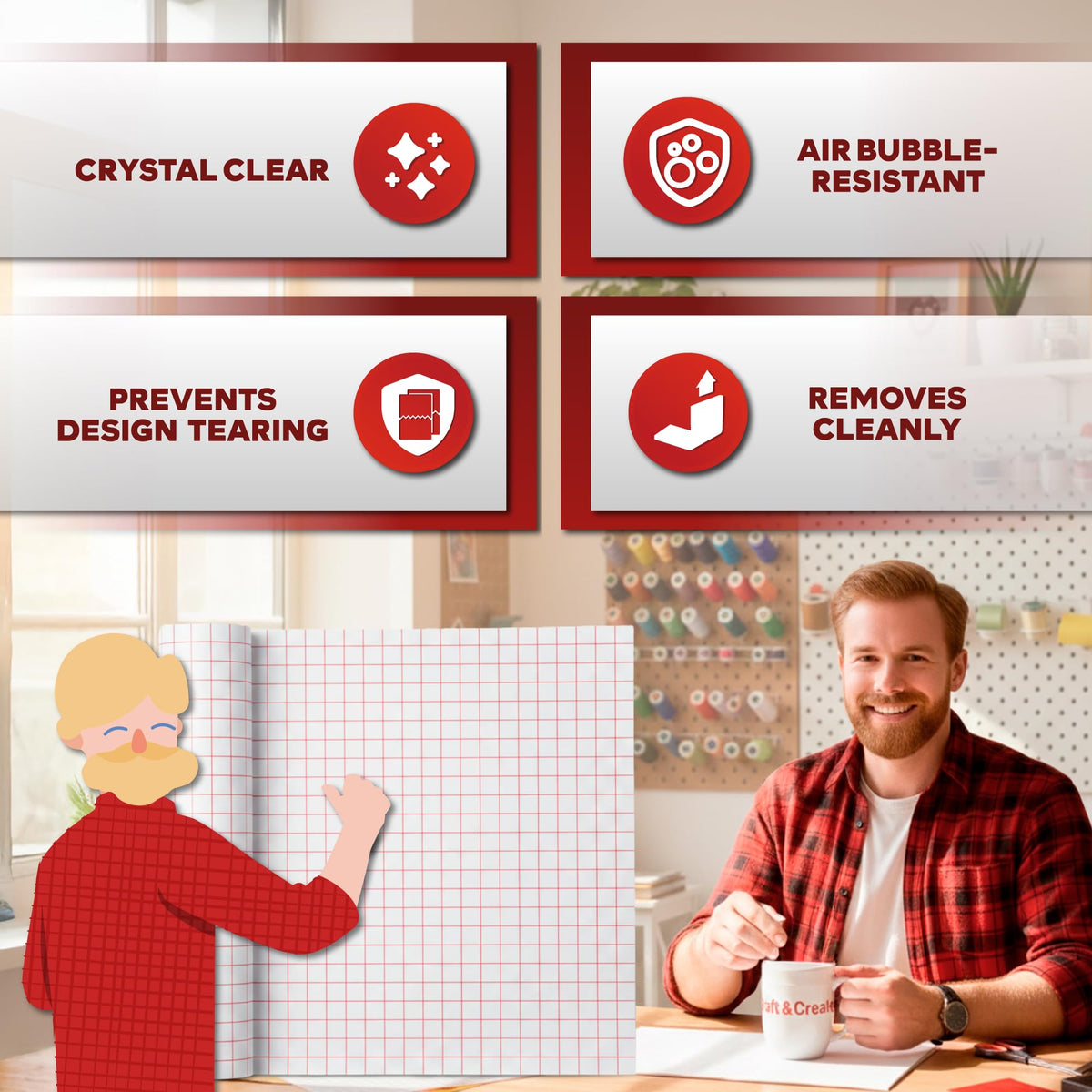 XFasten Clear Transfer Tape for Vinyl, 12" x 100' Transparent Medium-Tack Vinyl Transfer Sheet Roll, w/Red Alignment Grid – Ideal for Self-Adhesive Vinyl Sheet Signs and Sticker Decals | Easy to Weed