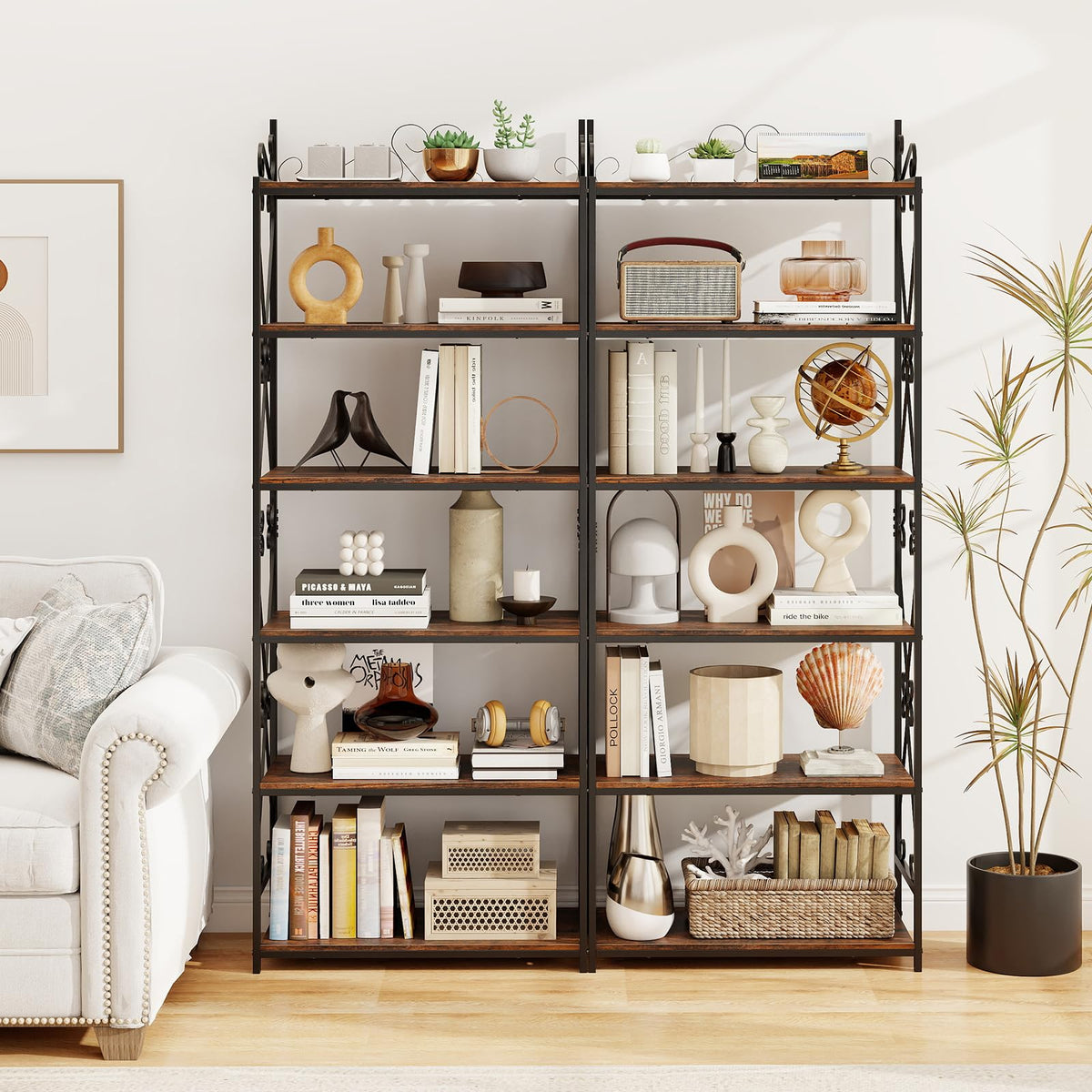 GOFLAME 6-Tier Tall Bookshelf, 71.5” Classic Bookcase with Open Shelves, Metal Frame, Plant Stand, Industrial Display Rack Shelving Unit for Home Office, Living Room, Rustic Brown & Black (2)