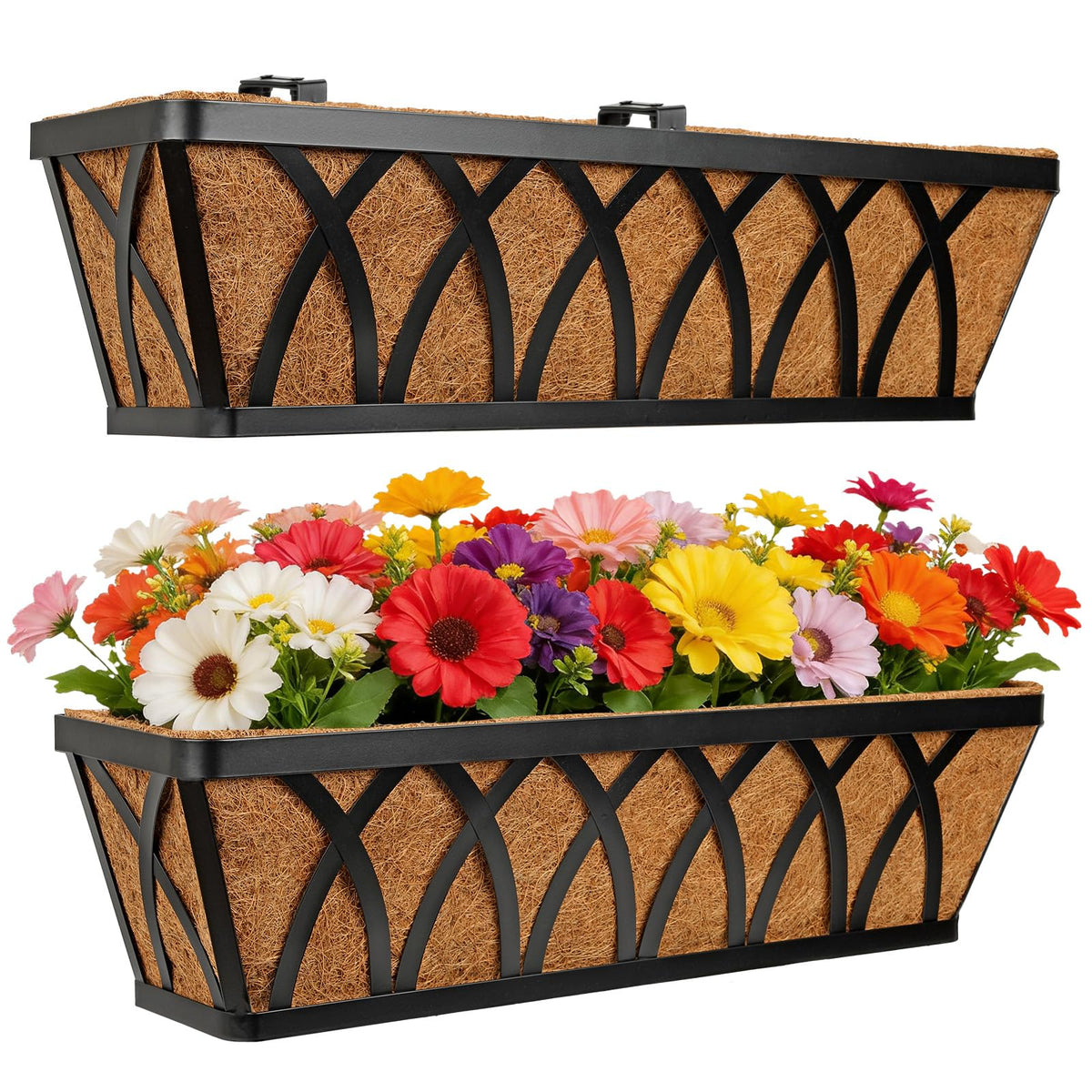 Nature Crafted 24 Inch Window Box Planter with Coco Liner for Hanging Outdoor Plants, 2 Pack Railing Planter Boxes with Adjustable Brackets for Balcony Deck Porch & Patio Garden Decor, Black