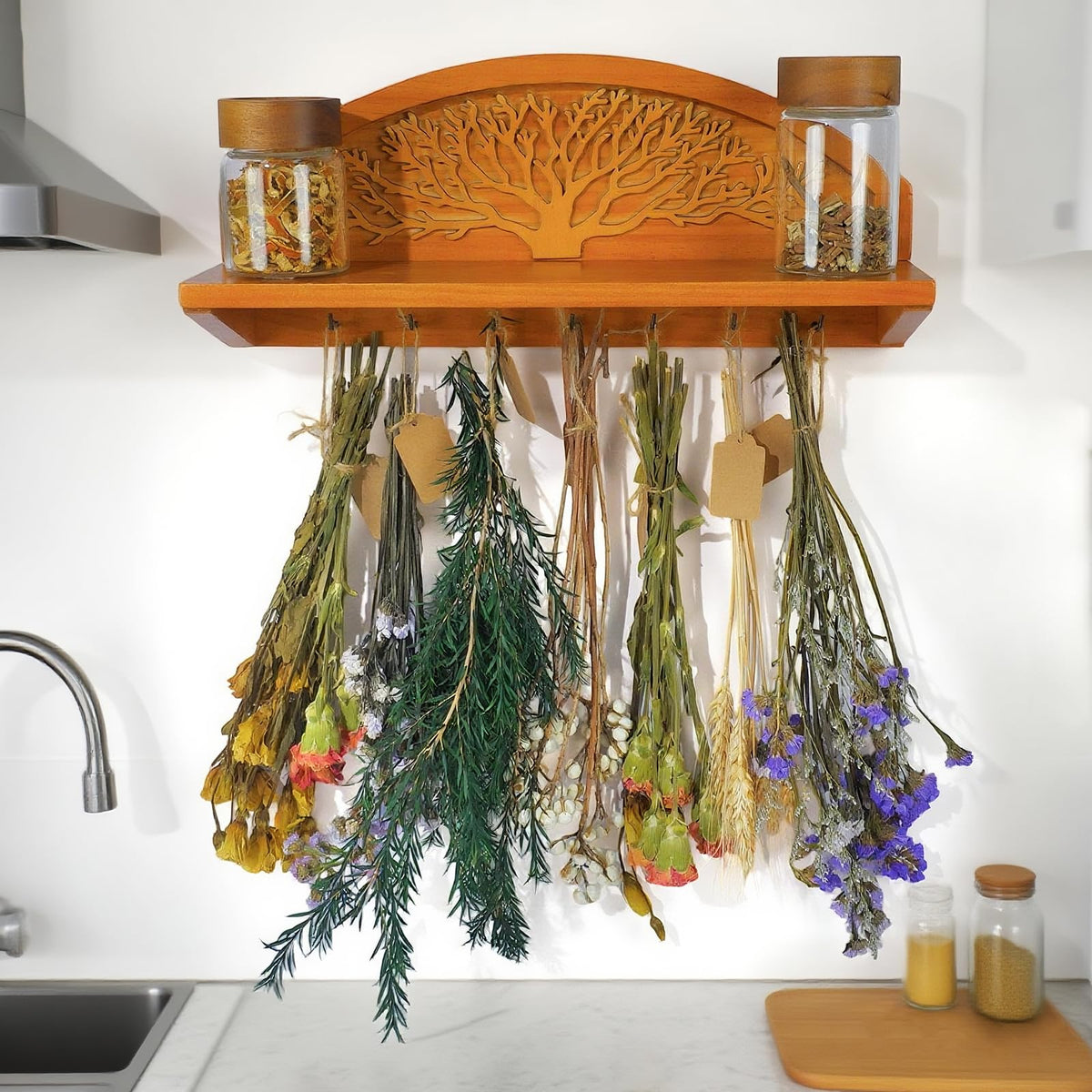 Tnstbiee Hanging Herb Drying Rack - Artistic Life Tree Design. Space-Saving Kitchen Flower Dried Grass Display,Holds 7 Bouquets. For Witches & Gardeners Gifts for Crafters, Wall Art Décor