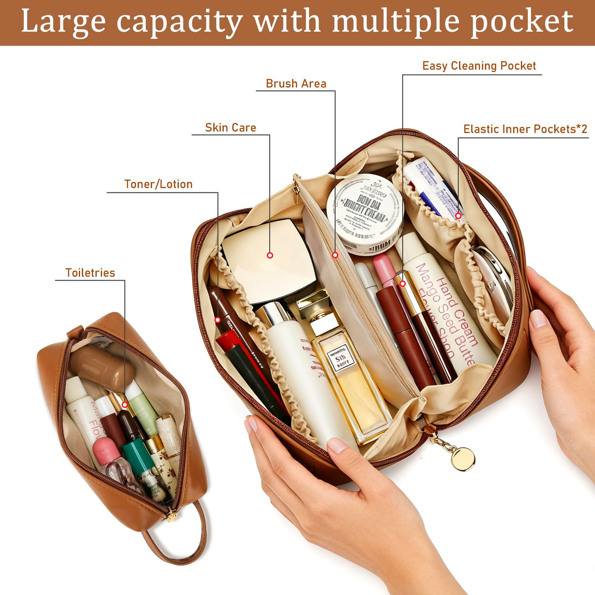 KKXIU Initial Makeup Bag for Women - Personalized Makeup Bag Gifts for Women, Travel Toiletry Bag with PU Leather, Open Flat Design with Top Handle, Cosmetic Bag Set with Multi-Pocket (Brown,A)