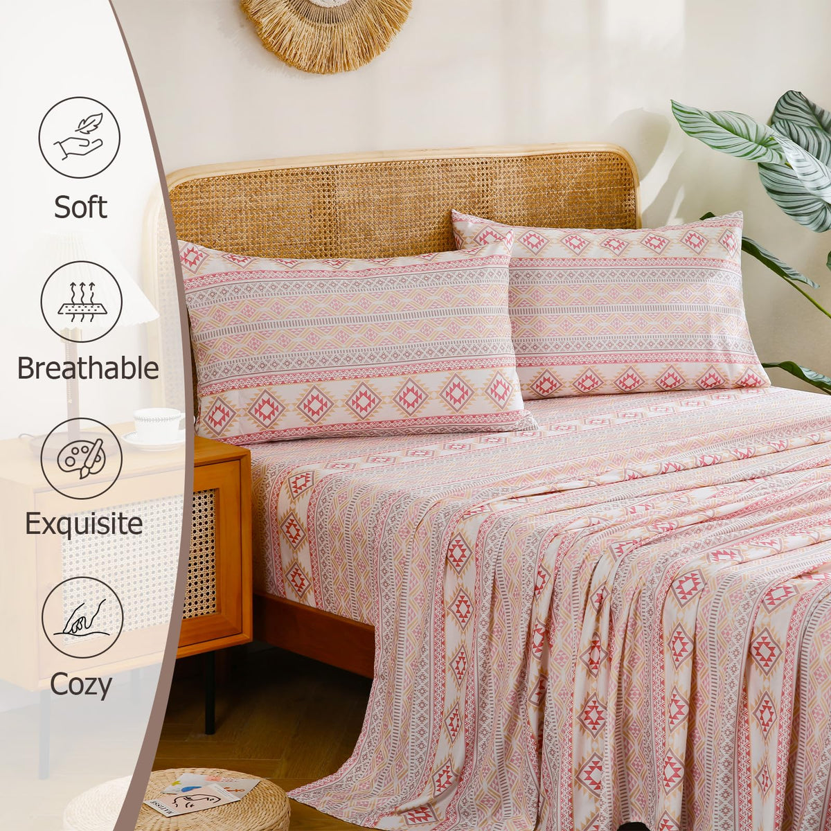 CozySmile Boho Sheet 4 Pieces King Sheet Set Bohemian, Breathable Soft Microfiber 16" Deep Pocket, Western Bedding Sheets Geometric(King, Pastel Pink Geometric)