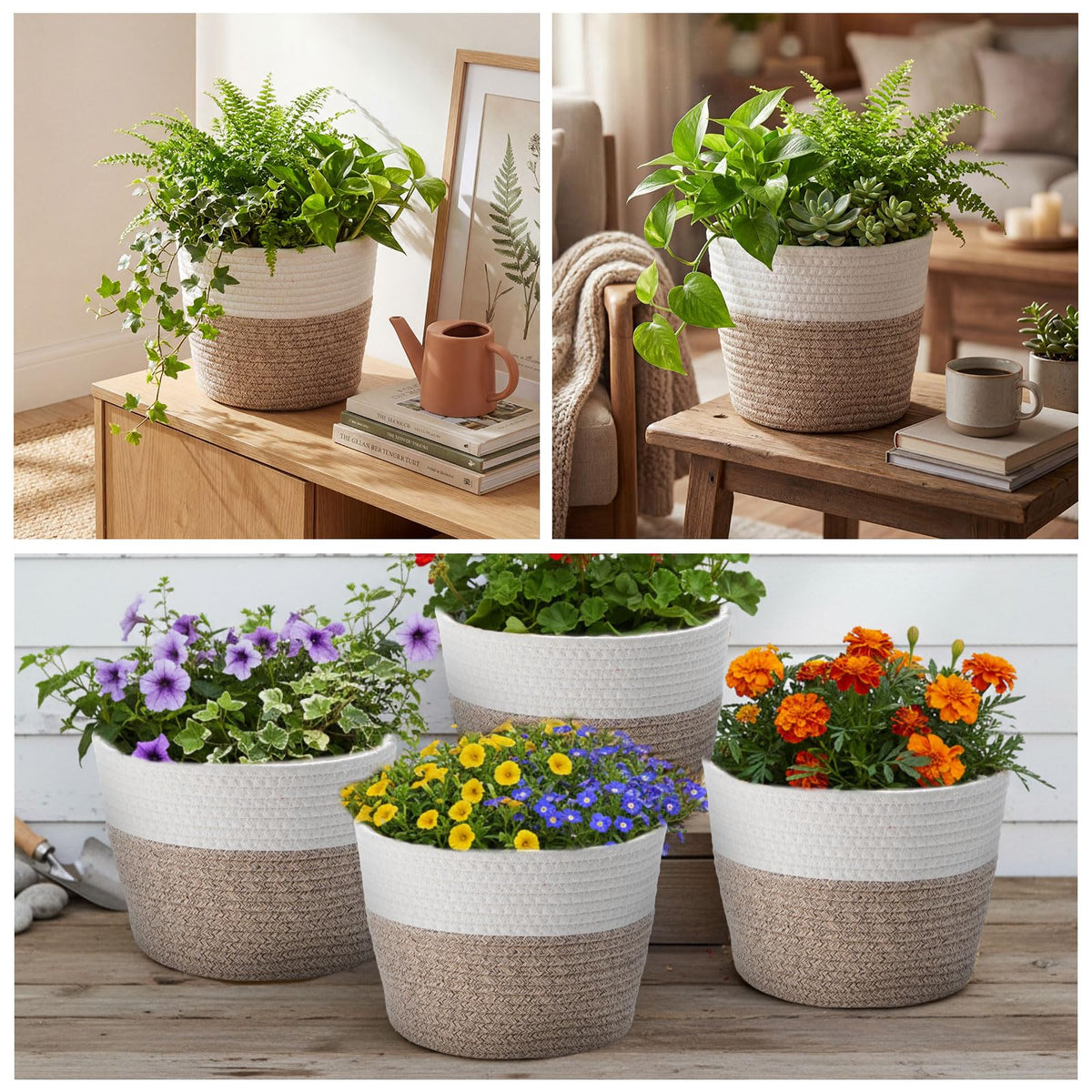 Fiwochic 4 Pcs Cotton Rope Plant Baskets Indoor Woven Flower Baskets with Plastic Liner, Plant Planter for Indoor Outdoor Spring Rustic Boho Home Farmhouse Floor Potted Pots Decor