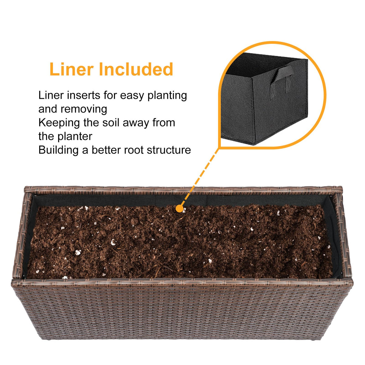 SUNNYPARK Brown Rectangular Planter Box All-Weather PE Rattan Large Modern Planters with Removable Liner Indoor Outdoor Decorative Flower Pot for Patio, Balcony, Garden