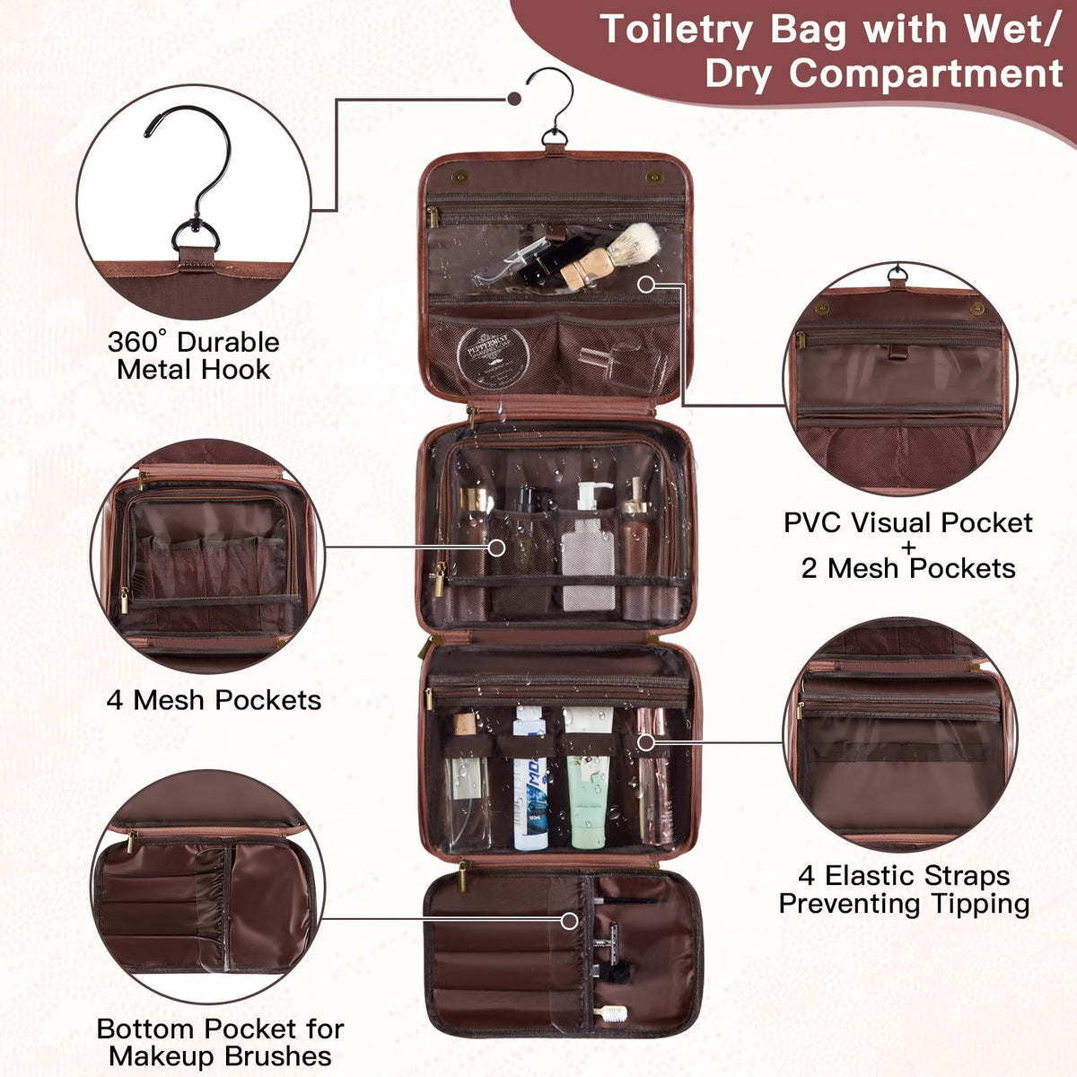 Aganmi Personalized Gifts for Men Hanging Toiletry Bag, Custom Waterproof PU Leather Dopp Kit with Laser Engraved Name, 3-in-1 Detachable Shaving Bag Gifts for Husband Dad Groomsmen Reddish Brown