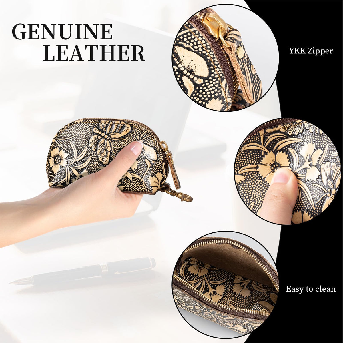Gexmil Genuine Leather Coin Purse with Zipper, Full Grain Leather, Mini Coin Pouch for Women Men, Change Wallet,Butterfly Grey