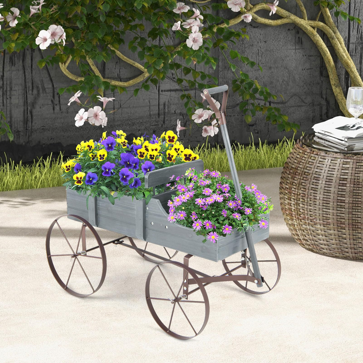CHEFJOY Wooden Wagon Planter, Decorative Garden Wheelbarrow Planter with 2 Planting Sections, Rolling Wheels, Adjustable Handle, Small Wagon Cart Planter Stand for Flowers Vegetables Herbs (Grey)