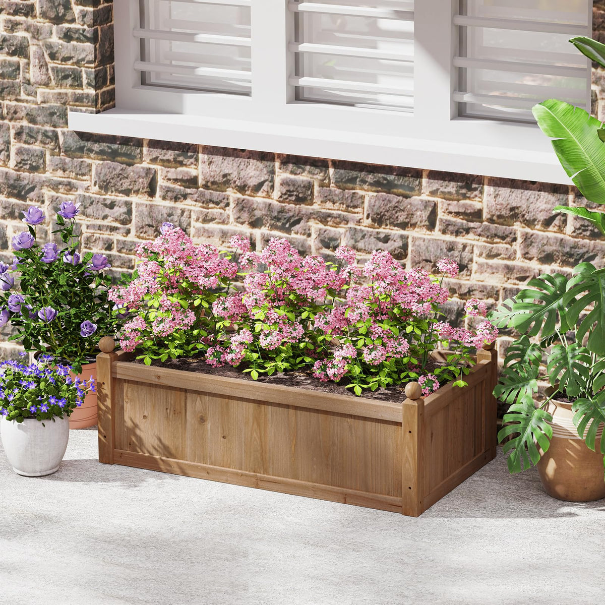 HAPPYGRILL Wood Raised Garden Bed, 46” x 24” x 16” Rectangular Flower Box w/Drainage Holes for Growing Vegetables, Flowers, Herbs, Outdoor Planter Box for Backyard Garden Lawn