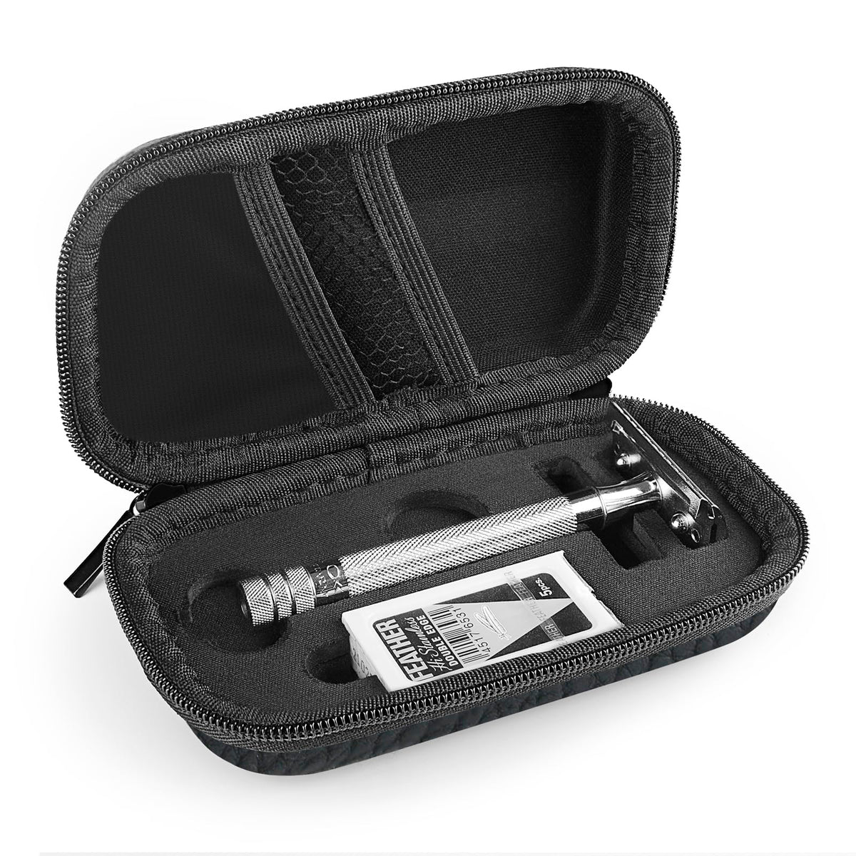 Linkidea Hard Travel Case Compatible with Vikings, Merkur, Shaving Revolution Double Edge Safety Razor, Storage Box Organizer for Safety Razor & Shaving Attachments (Lychee Vegan Leather), Black,