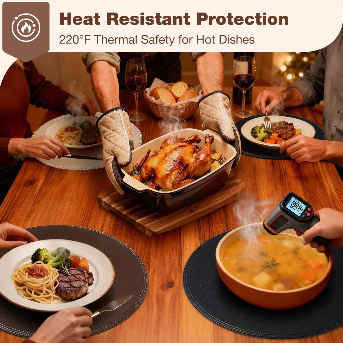 Rinpon Round Vinyl Brown Placemats Set of 6, Faux Leather Waterproof Wipeable Heat Resistant Place Mats, Washable Table Mats for Halloween, Thanksgiving & Christmas Dinner(Dark Brown)
