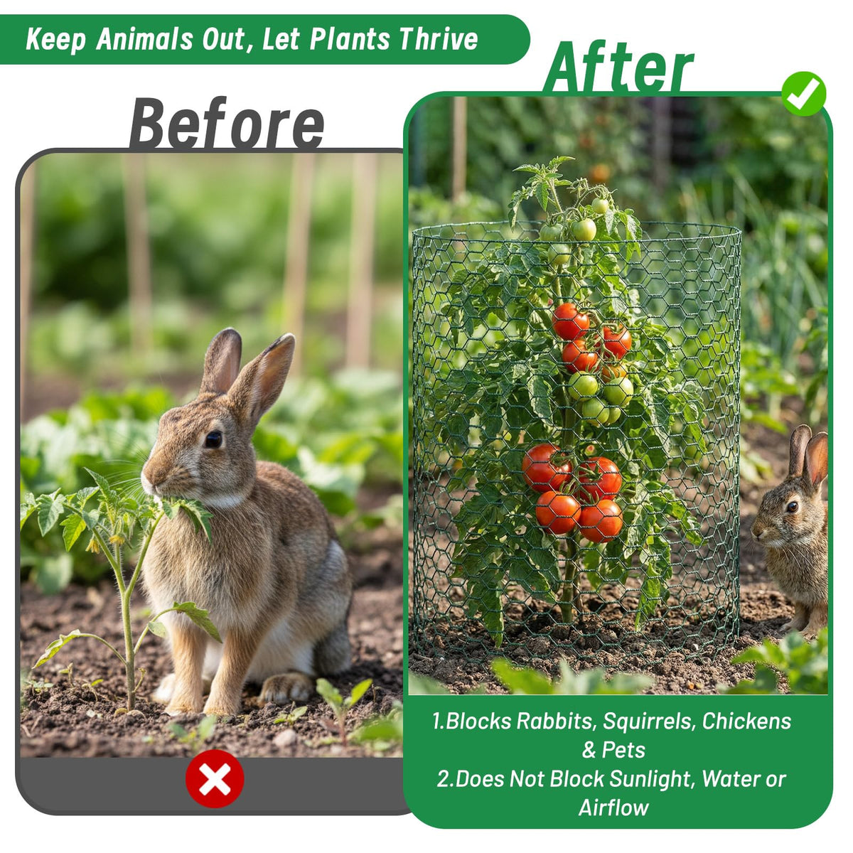 Convivium Plant Protectors from Animals, 0.8mm Free-Cut Green Chicken Wire Mesh, PVC Coated Tree Trunk Guard & Garden Fence for Outdoor Plants with Zip Ties, Stakes, Pliers, Gloves（33Ft*16In）