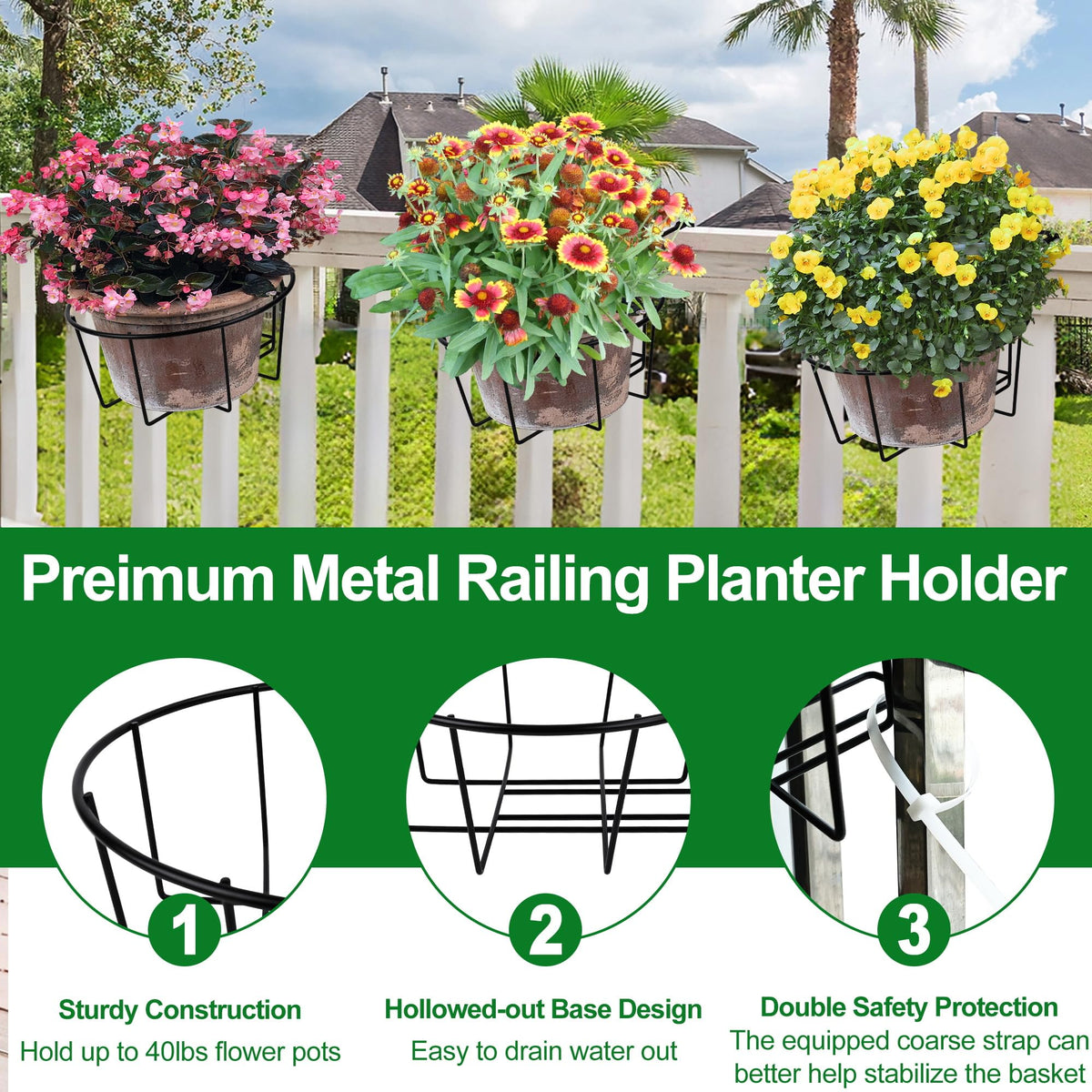 OYMVEKIK Adjustable Hanging Railing Planter, 3 Pack Fit 1.5 to 4.5 Inches Railing, Weather-Resistant Metal Balcony Rail Planters, Work for Outdoor Fence Deck Garden Patio Halloween Christmas Decor