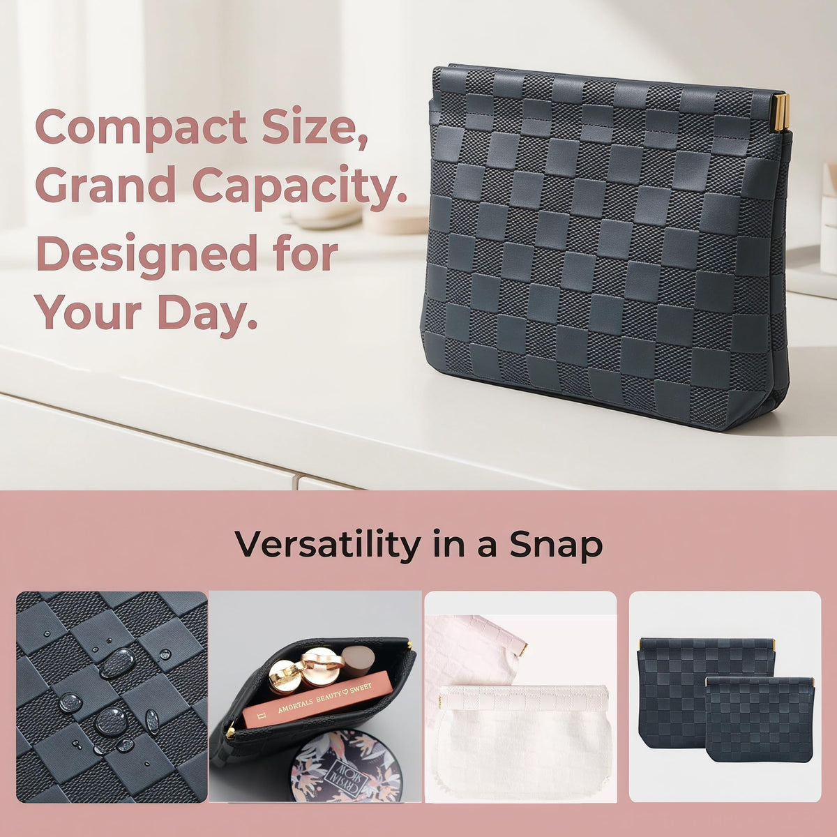 lomkya Checkered Makeup Bag Set Black 2 Pieces Leather Pocket Cosmetic Bag for Purse Waterproof Small Makeup Pouch for Purse Aesthetic Accessories Small Makeup Bag for Women inside Coin Purse