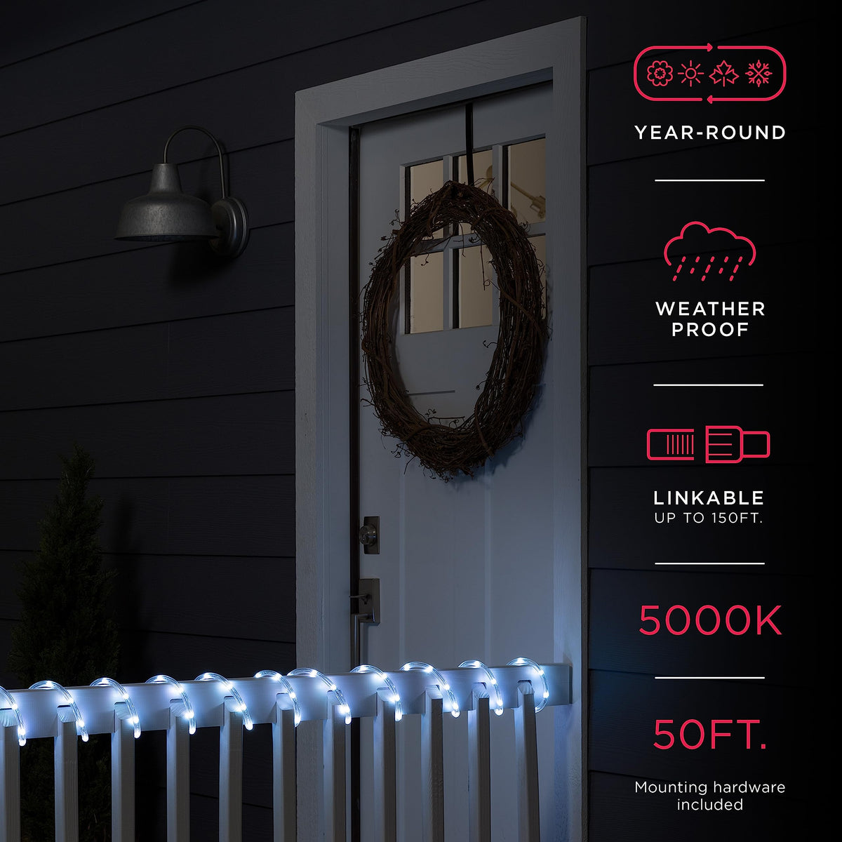 UltraPro LED Rope Lights, 50ft, Cool White 5000K, Indoor/Outdoor, Waterproof, Model 54846