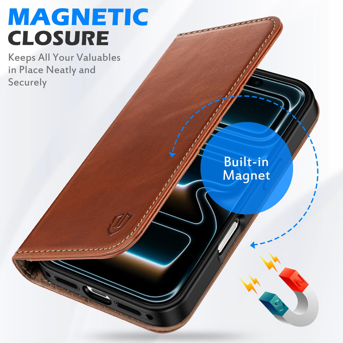 SHIELDON Genuine Leather Wallet Case for iPhone 17 Pro 6.3" 2025 | Flip Cover | Magnetic Closure | RFID Blocking Credit Card Holder | Kickstand | Shockproof Phone Cover | Retro Brown
