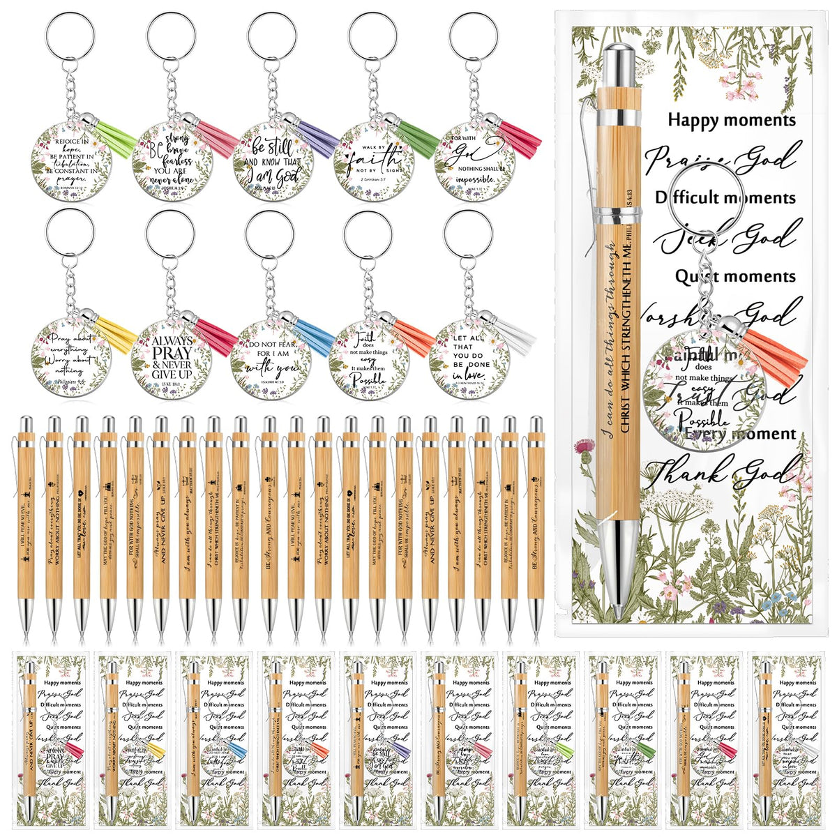 Spakon 10 Sets Fathers Day Christian Gifts Bulk Bible Verse Bamboo Pen Christian Floral Keychain Inspirational Bookmark Religious Church Gift for Church Members Women Sunday School Teacher (Bible)