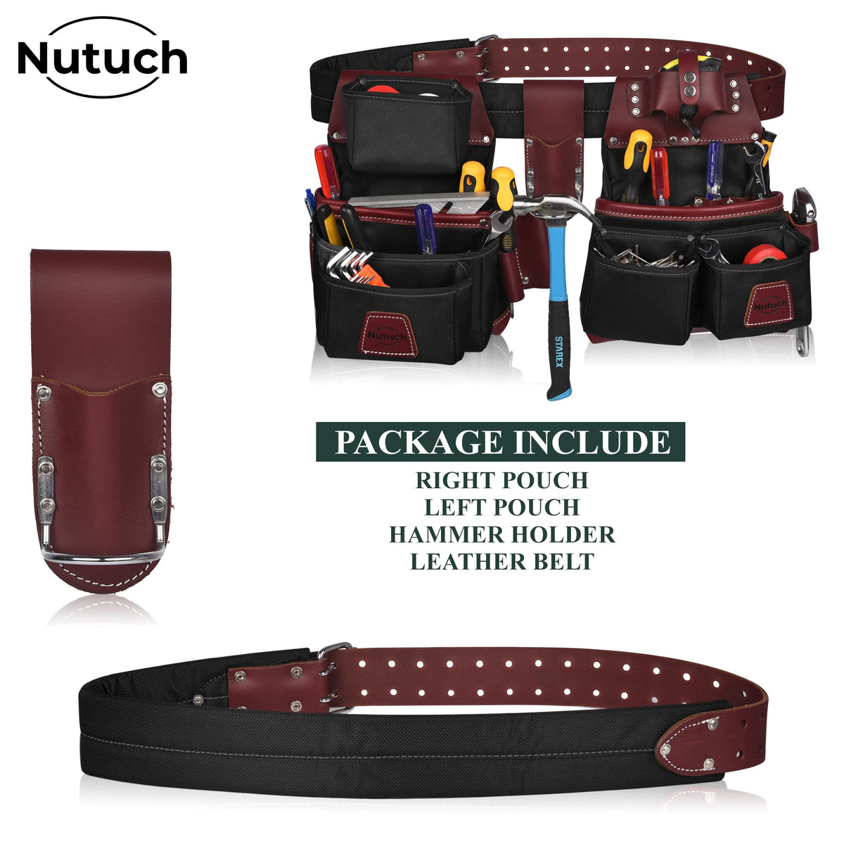 NUTUCH Nylon and Leather Tool Belt | Nylon Tool Pouch | Carpenter Tool Belt | Construction | Framers | Electrician Tool Belts | Drywall Tool Bags | Handyman | Electric (BLACK)