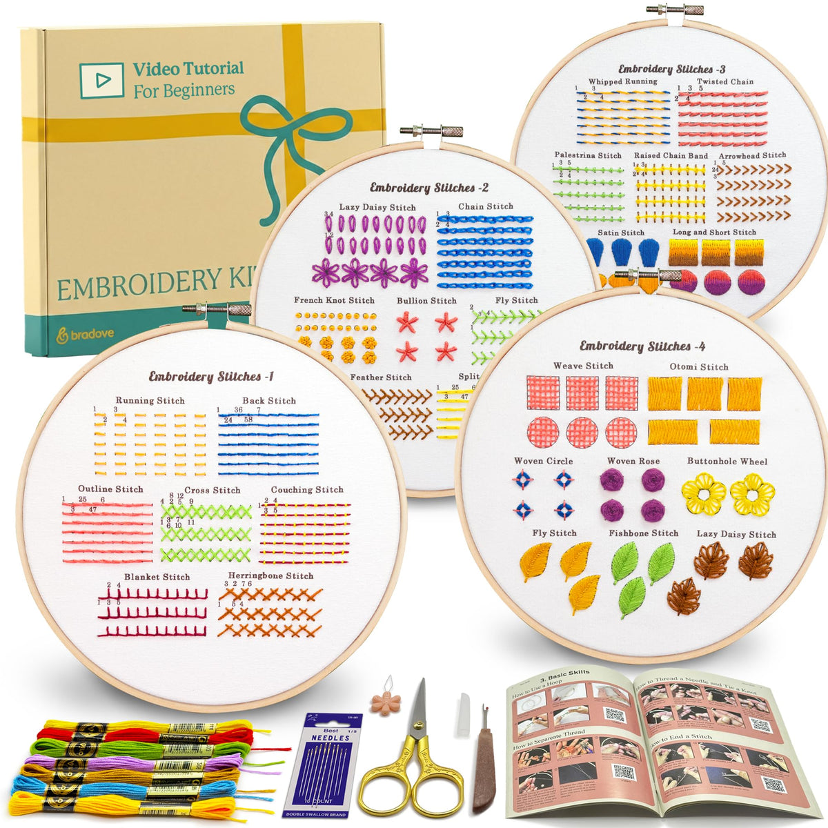 Bradove Classic Embroidery Stitches Practice Kit, Embroidery Kit for Beginners, Beginner Embroidery Kit for Adults, Hand Embroidery Kit for Kids, Stitches Kit