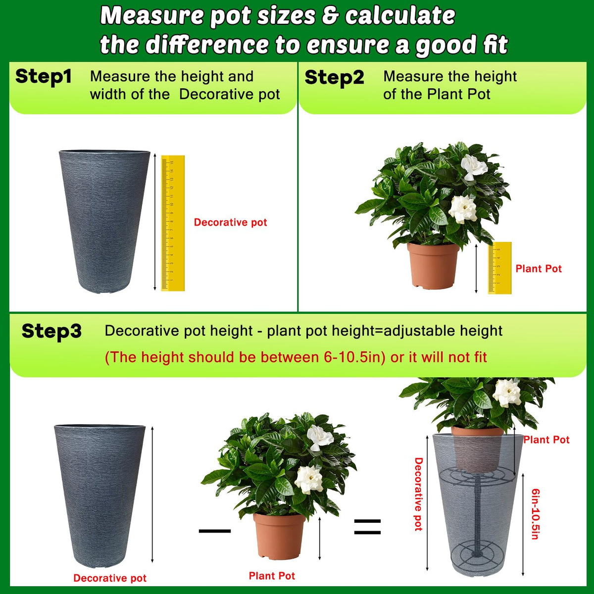 VICAMB 2 Pack Adjustable 6-10.5in Plant Risers for Inside Pots,Metal Planter Lift Inserts Fillers Risers for Tall Square Round Taper Large Pots(5.9" 7.87" 9.84" Base or Top)