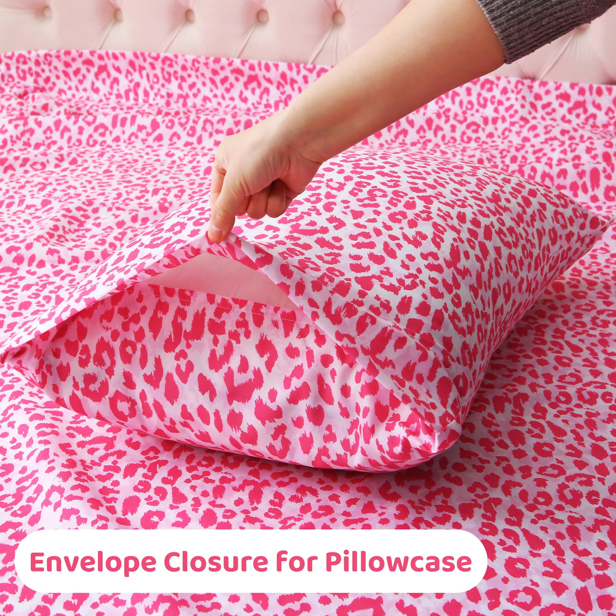Mooreeke Leopard Cheetah Printed Full Bed Sheets, Soft Microfiber Bedding Sheets & Pillowcases, Deep Pocket Non-Slip Fitted Full Sheet, Pink Animal Pattern Bedsheets