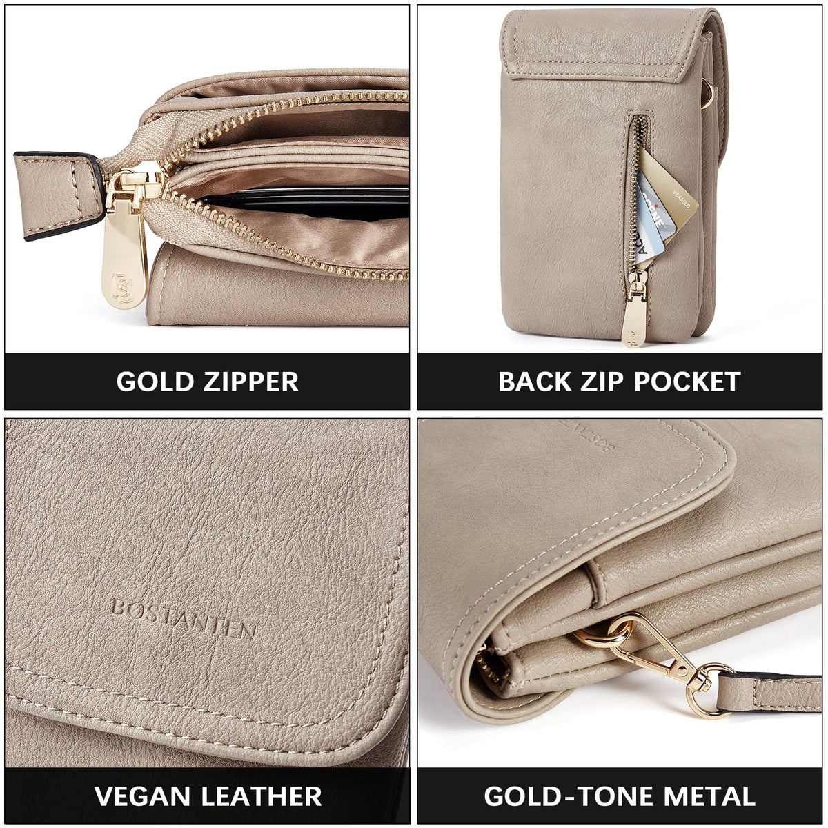 BOSTANTEN Vegan Leather Small Crossbody Bags for Women Designer Cell Phone Bag Wallet Purses Adjustable Strap Retro Grey