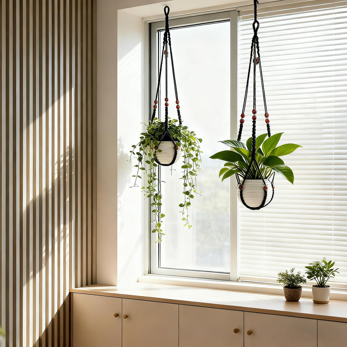 HOREAKHJ 35 Inch Macrame Plant Hanger, Large for up to 15 Inch Pot Extra Long Hanging Planter Holder Basket with Wood Beads for Indoor Outdoor Home Decor (Black, 2-Pack)
