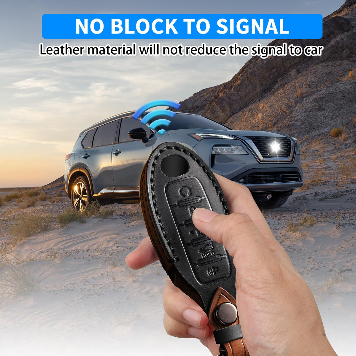QBUC for Nissan Genuine Leather Key Fob Cover Protective Case with Keychain for Rogue Pathfinder Murano Armada Frontier Sentra Altima Versa Titan Maxima Titan Xterra 5-Buttons(Black Leather)