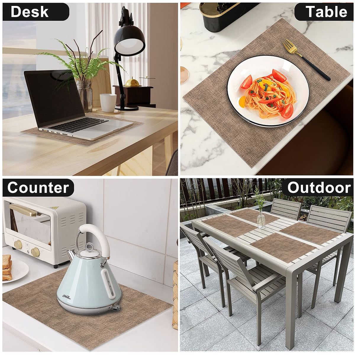 LANDVIEW Leather Heat Resistant Placemats Set of 6 Waterproof Wipeable Washable PU Table Mats,Easy to Clean Anti-Slip (6, Dark Brown)
