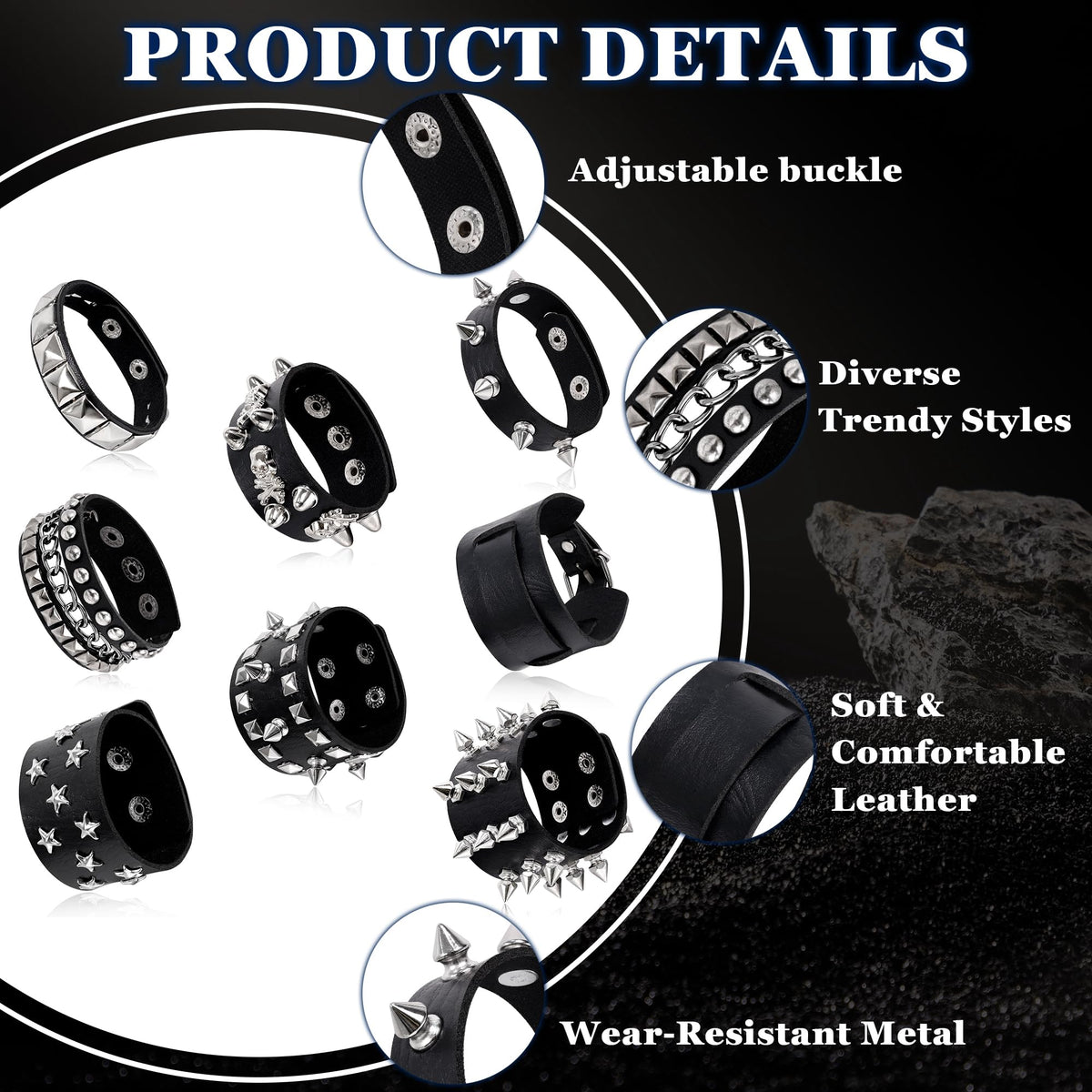 LOAYHOAY 8PCS Spiked Studded Bracelets Cuff for Men Women Black Punk Goth Leather Bracelet Emo Rivet Bracelet Adjustable Rock Pop 80s 90s Retro Button Metal Wrap Wristbands Halloween Accessories C