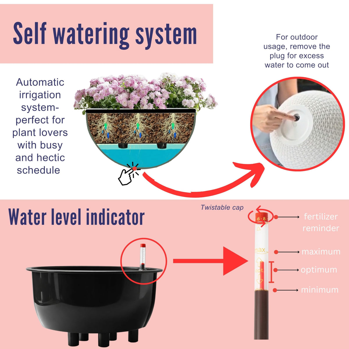LaLaGreen Hanging Planters for Indoor Plants (11 Inch, 1 Pack) Brown Rattan Style Self-Watering Hanging Flower Pot with Water Level Indicator, Plastic Basket with Metal Chain for Balcony Porch Outdoor