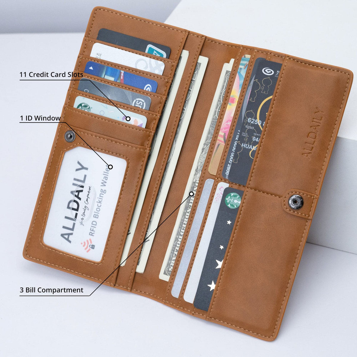 Alldaily Ultra Slim Thin Women Wallet RFID Blocking Credit Card Holder Bifold Long Ladies Billfold (Brown)