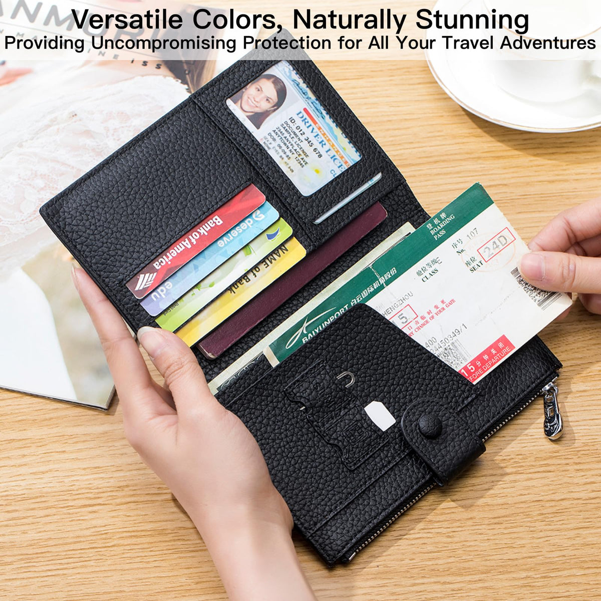 Genuine Leather RFID Blocking Passport Holder Wallet, Multi-Functional Travel Document Organizer with Zipper Pocket, Includes SIM Card Ejector Pin (Black)