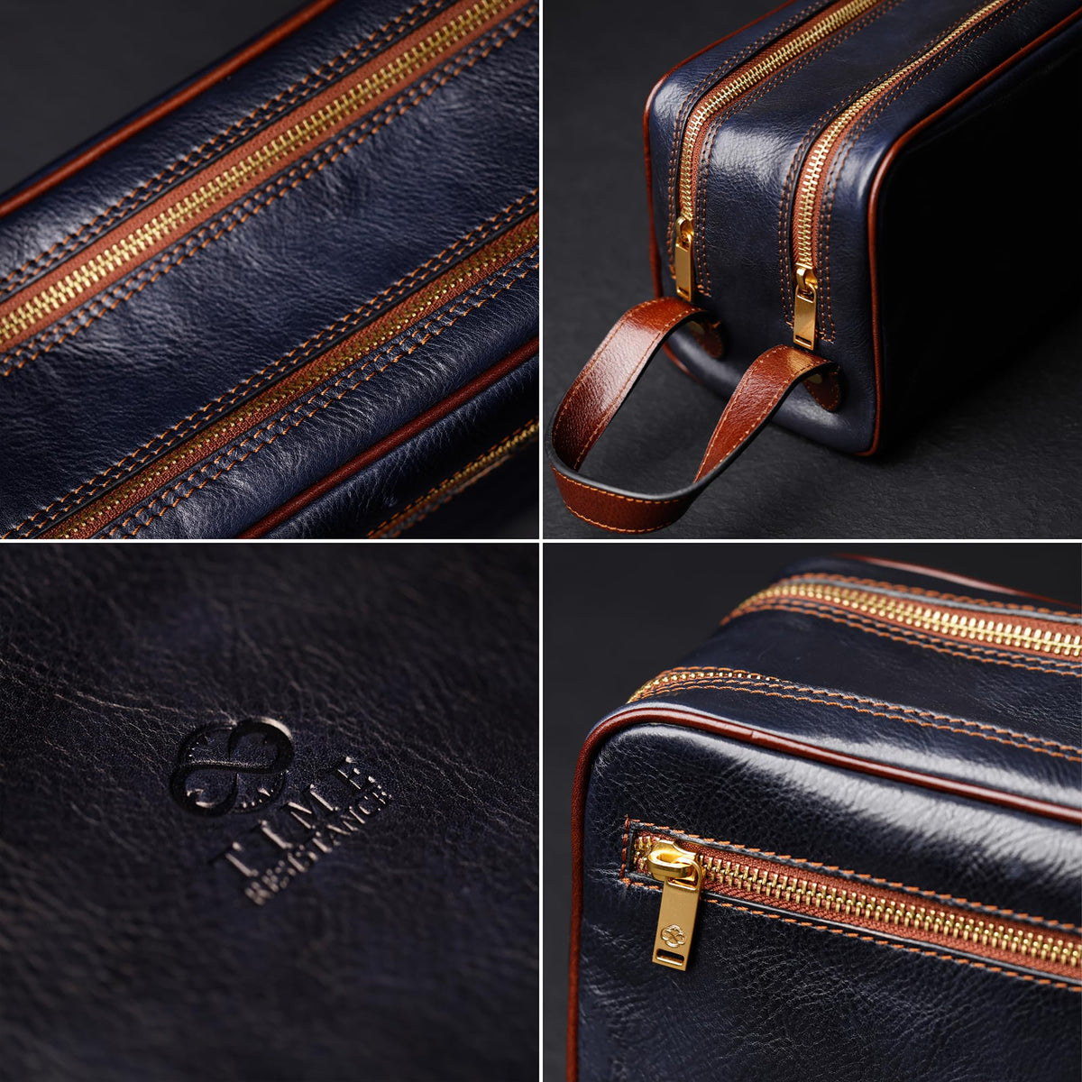 Time Resistance Leather Cosmetic Bag - Italian Toiletry Dopp Kit (Blue)