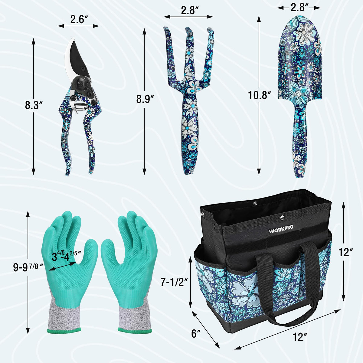 WORKPRO 5PCS Garden Tool Set, Aluminum Heavy Duty Gardening Tool Set with Garden Tool Bag, Outdoor Garden Hand Tools, Floral Blue