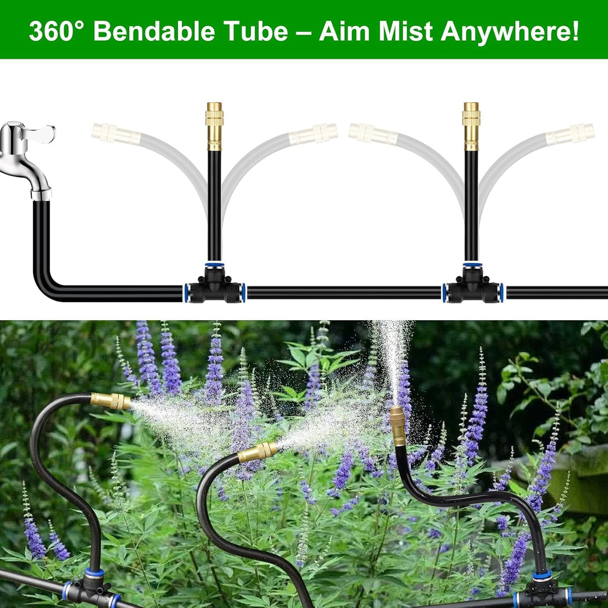 HEKIWAY 50FT Drip Irrigation System for Garden – Automatic Watering Kit with Solid Brass Metal Connectors, 360° Bendable Tubing &16 Adjustable Nozzles for Greenhouse, Lawn, Yard & Plants