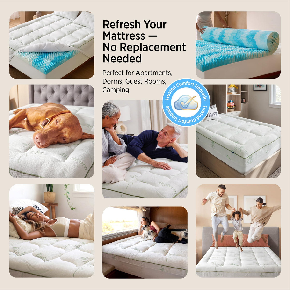 Bedsure 2-in-1 Mattress Topper, 5 Inch Memory Foam Mattress Topper Queen, 3 Inch Memory Foam + 2 Inch Viscose Made from Bamboo Mattress Topper Pad Cover, Flippable Memory Foam with Dual Comfort, White